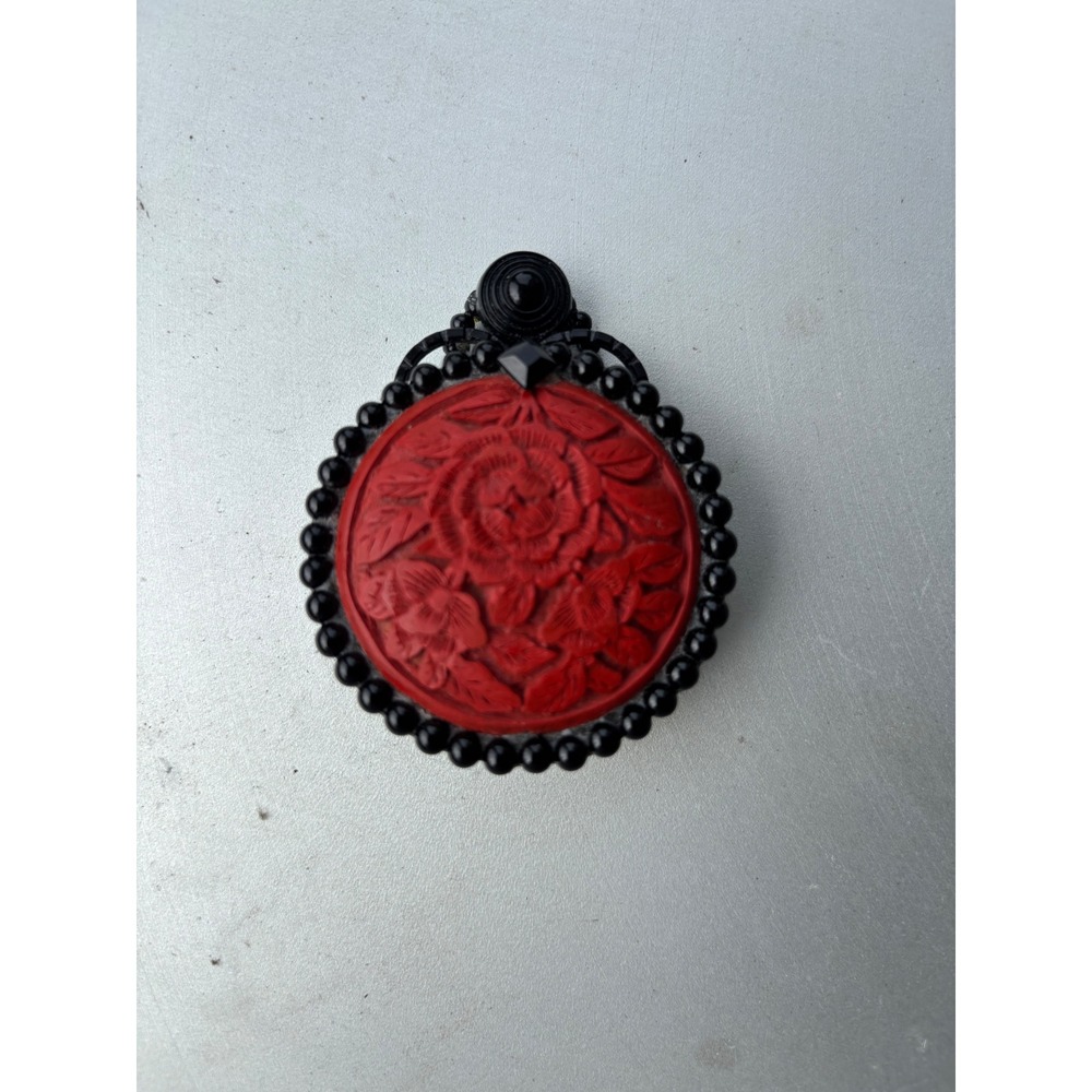 Vintage Red Carved Rose Cinnabar Style Brooch Black Beaded Floral‎ Pin 2 Inch